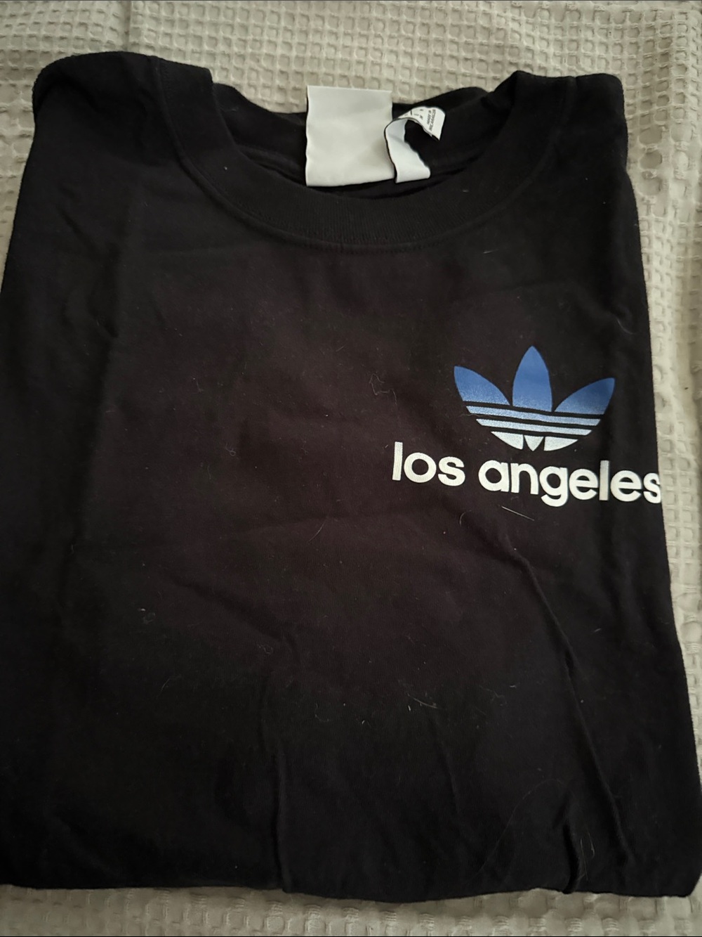 adidas Black Tee with Blue Trefoil and White 'los angeles'